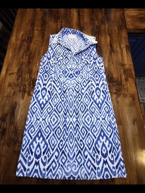 Pappagallo Sleeveless Midi Dress Collard Neckline S Beachy Blue and White Ikat